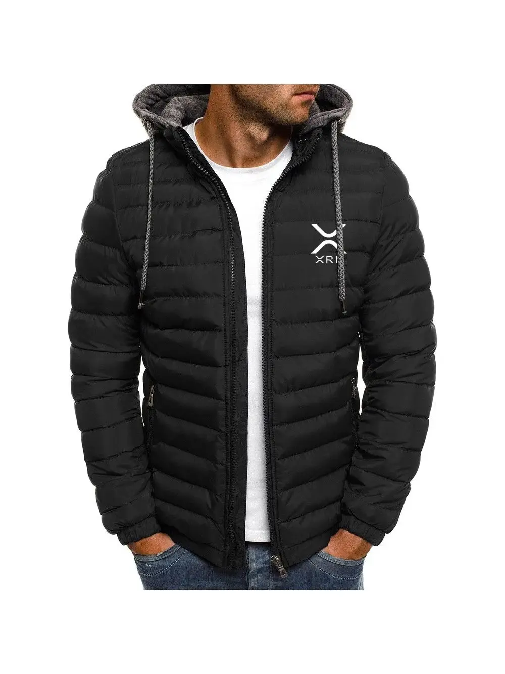 2025 Autumn Winter Mens Cryptocurrency Ripple XRP Logo Print Popular Cold Prevention Warm Solid Color Detachable Hat Down Jacket