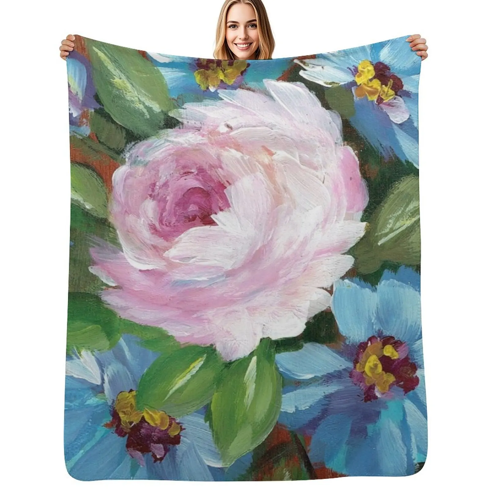 Single Pink Rose Surrounded by Blue Flowers Throw Blanket Shaggy Furry Soft Blanket for Bedroom Living Room