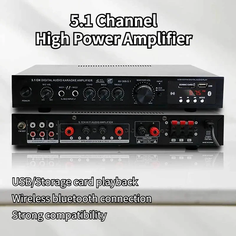 5.1 Channel High Power Amplifier Super Bass Rate Stage Home Theater Bluetooth Radio Amplifier Black