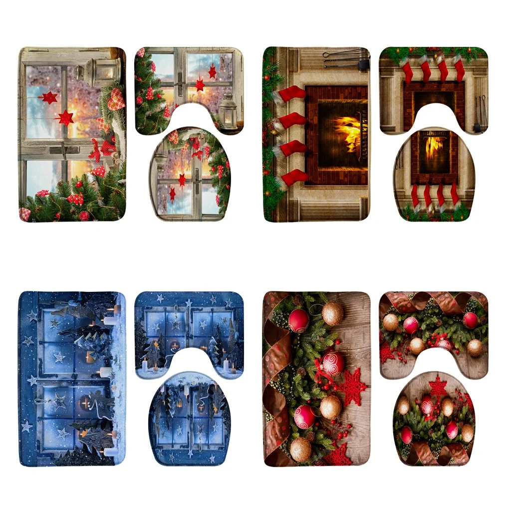 

Christmas Tree Bathroom Set Non-Slip Rug Toilet Lid Cover Bath Mat Xmas Balls Stars Socks Fireplace Wooden Window Carpet Doormat