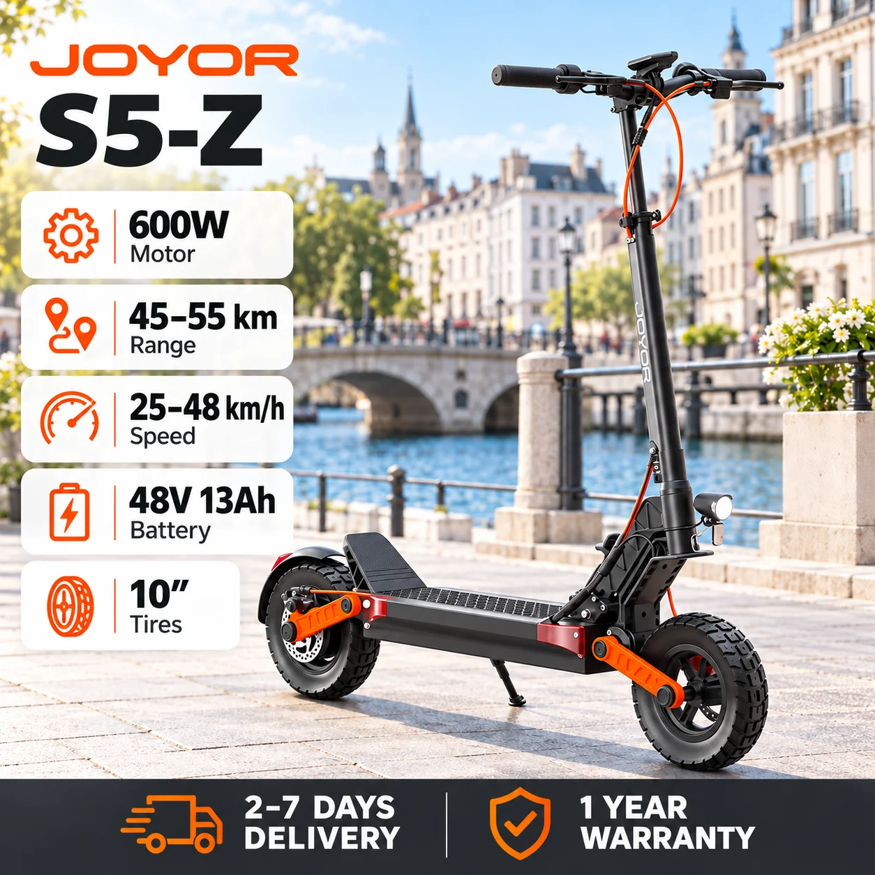 Patinete eléctrico JOYOR S5-Z para adultos, 600 W, 48 V, 13 Ah, gran autonomía (55 km), plegable, velocidad de 25 a 48 km/h, neumáticos