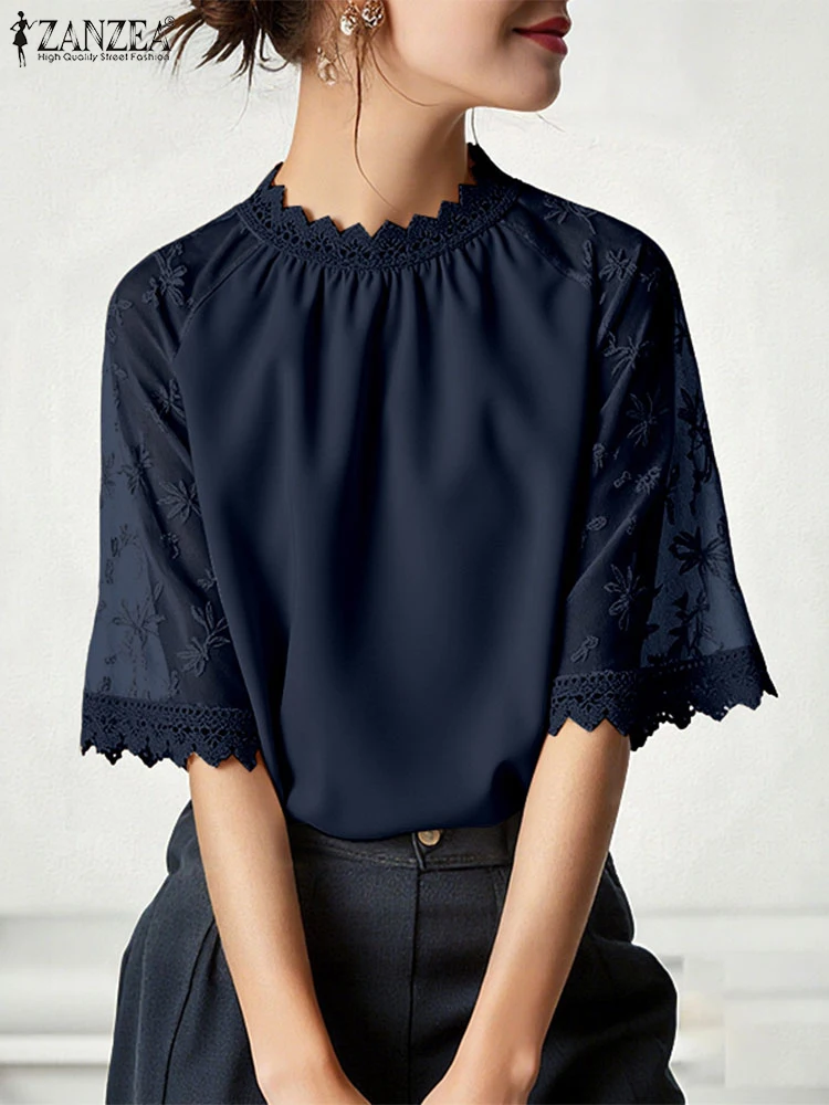ZANZEA Blusa elegante de encaje para mujer, Tops tipo túnica informales con cuello levantado de otoño, Blusas femeninas OL de oficina de retales a la moda 2025