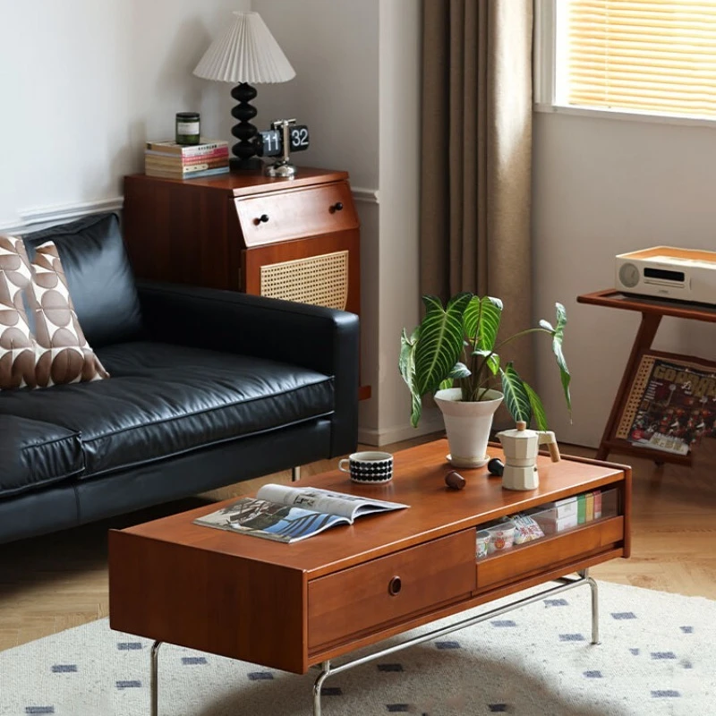 

wood coffee table, household multi-functional drawer, storage small tea table, retro living room, storage sofa side table
