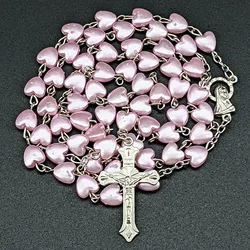 Christian Rosary Beads Necklace For Women Cross INRI Virgin Mary Pendant Pink Heart Chain Female Religion Prayer Party Jewelry