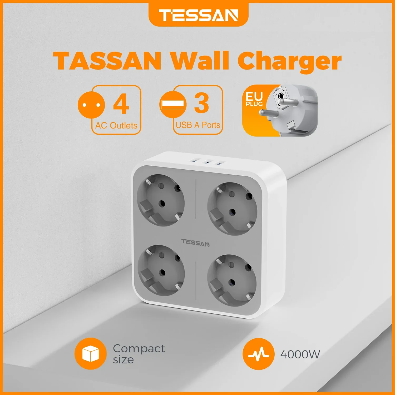 TESSAN Multiple Wall Socket Power Adapter with 4AC Outlets and 3 USB Ports EU Plug Electric Socket Wall Outlet Expander for Home