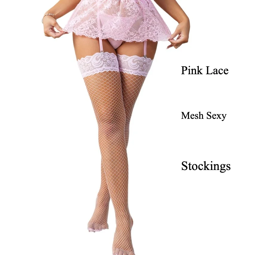 

Stunning Women's Pink Lace Stockings Sexy Mesh Thigh High Socks Dating Lingerie Elegant Night Wear New Arrive Fishnet Stocking