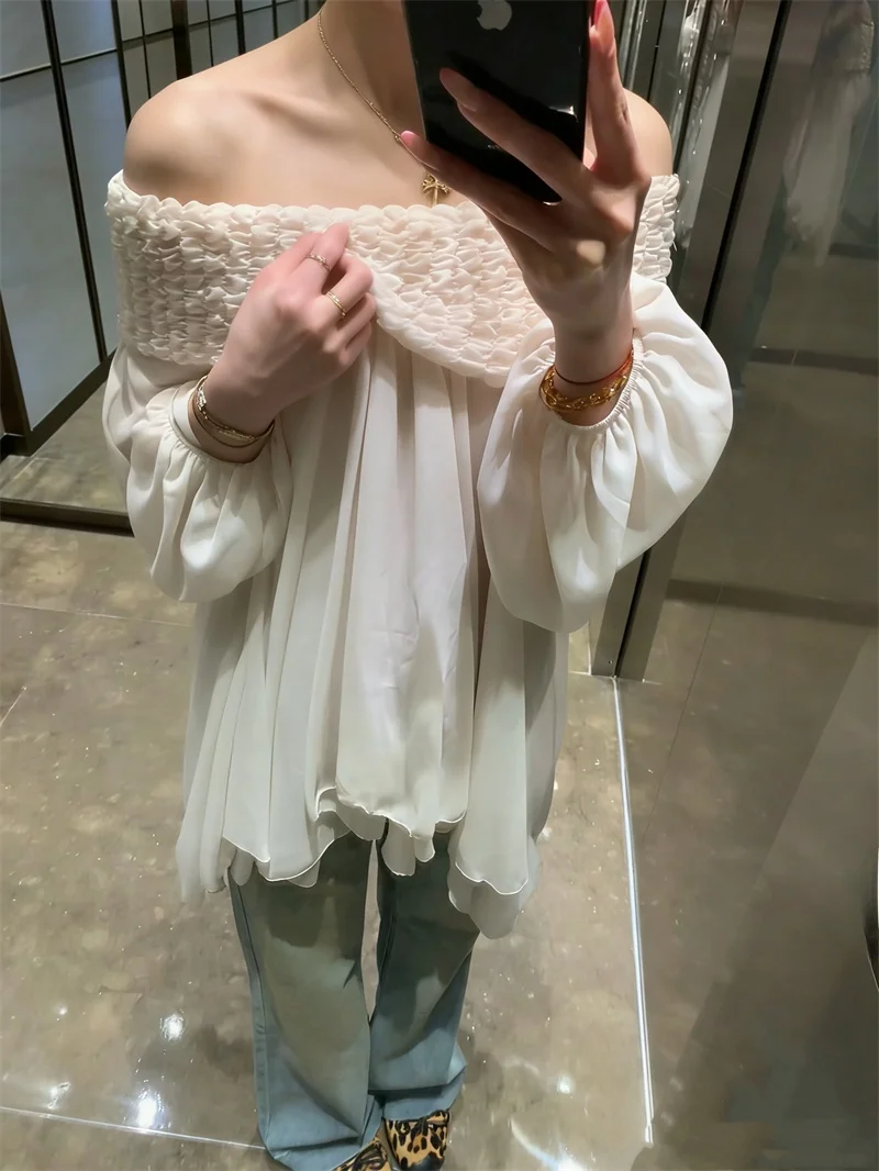 

Elegant White Chiffon Shirt Asymmetrical Long Sleeve Women's Spring Fashion Gentle Style Top French Style Loose Fit Slimming ...