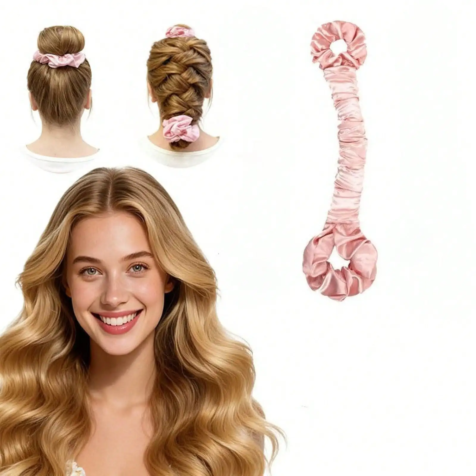 

1 Multifunctional Satin Heatless Curler & Hair Ring, Traceless Curling Rod With Hair Ring, Large Size, Cream Pink (For Creating Large Waves)