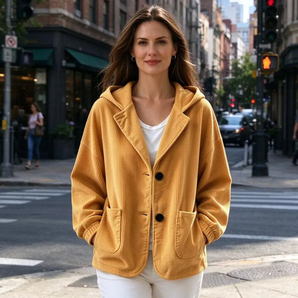 Everyday Layering Piece Autumn Winter Coat with Hood Loose Fit Vertical Corduroy Jacket Long Sleeve for Everyday for Women