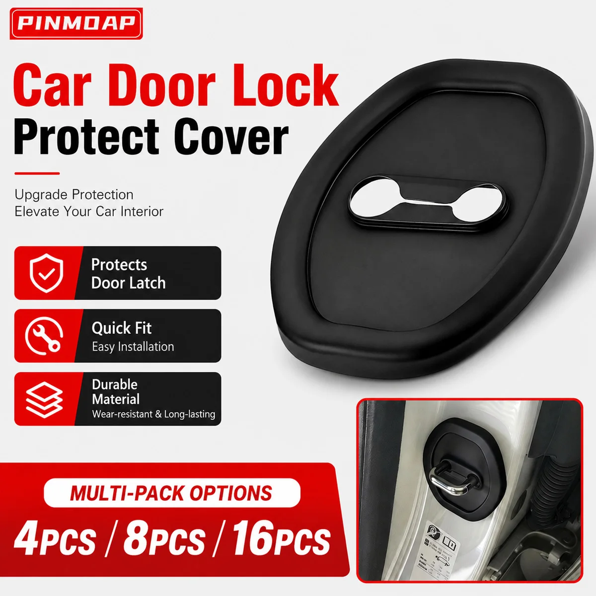 PINMOAP 4/8/16PCS Cache-serrure de porte de voiture, capuchon de loquet de porte auto, protection anti-poussière et anti-rayures, garniture de protection, accessoires et pièces