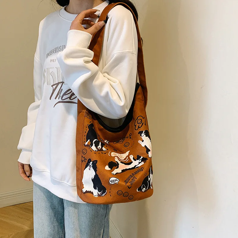 Vintage Shoulder Bag NEW Korean Style Cute Dog Print Fashion Large Capacity Casual Canvas Purses and Handbags Commute All-match