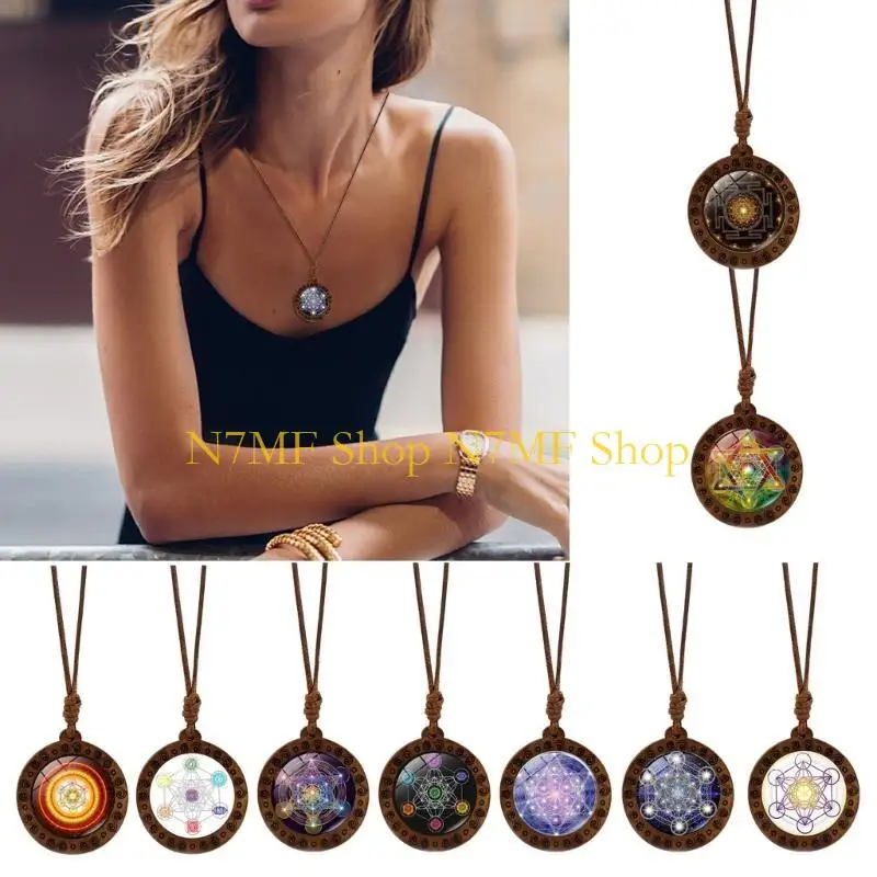 N7MF قلادة الخشب الروحية القلادة المقدسة والرمزية سري يانترا قلادة قلادة