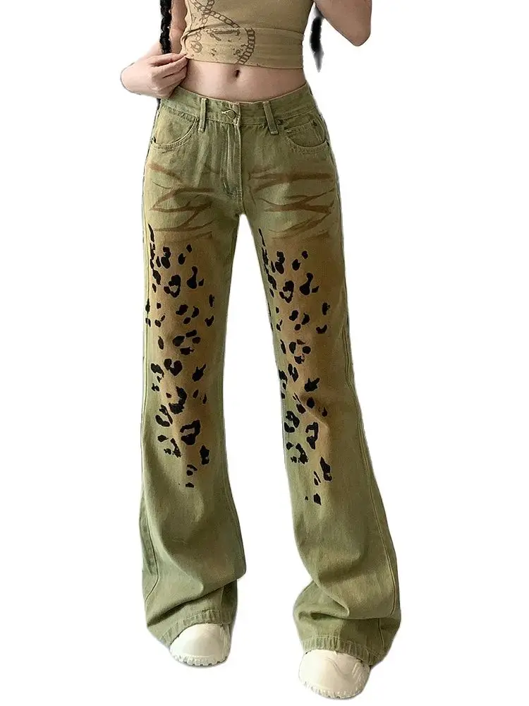 American Streetwear Spicy Girl Retro Leopard Pattern Horn Jeans Women's High Waist Baggy Pants Y2K Vintage Trashy Clothes 2024