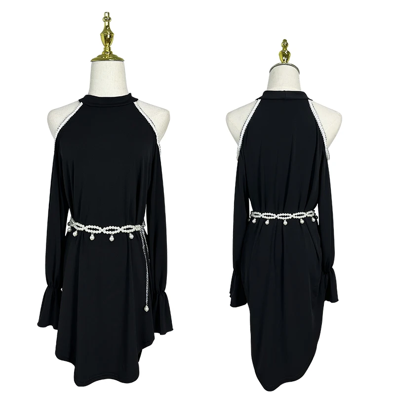 New Latin Dance Clothes Women Loose Long SLeeves Black Dress Practice Clothing Rumba Dance Wear Dress+Pearl Chain Belt DNV18628