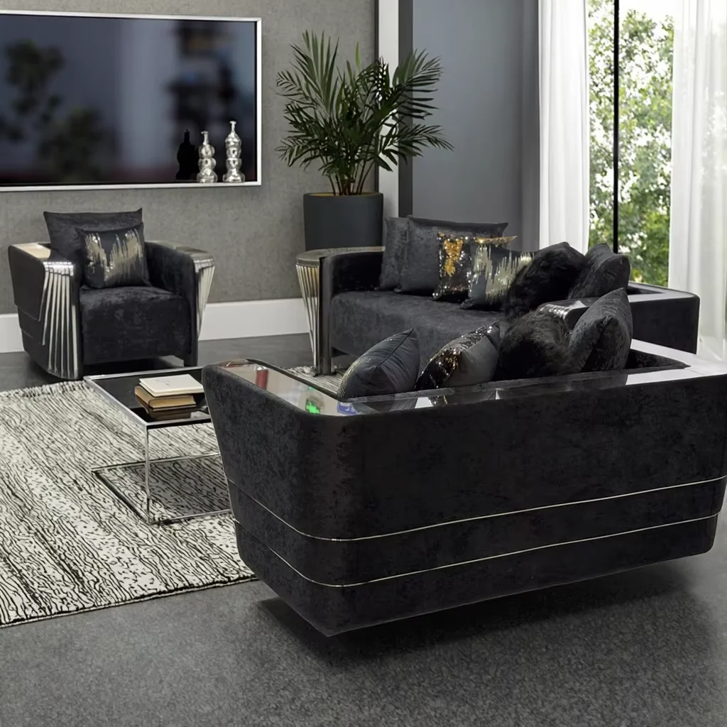 Italian Luxury Modern Sectional Corner Sofa Set High-Density Foam Tufted Velvet Fabric Solid Wood Frame Stainless Steel Legs