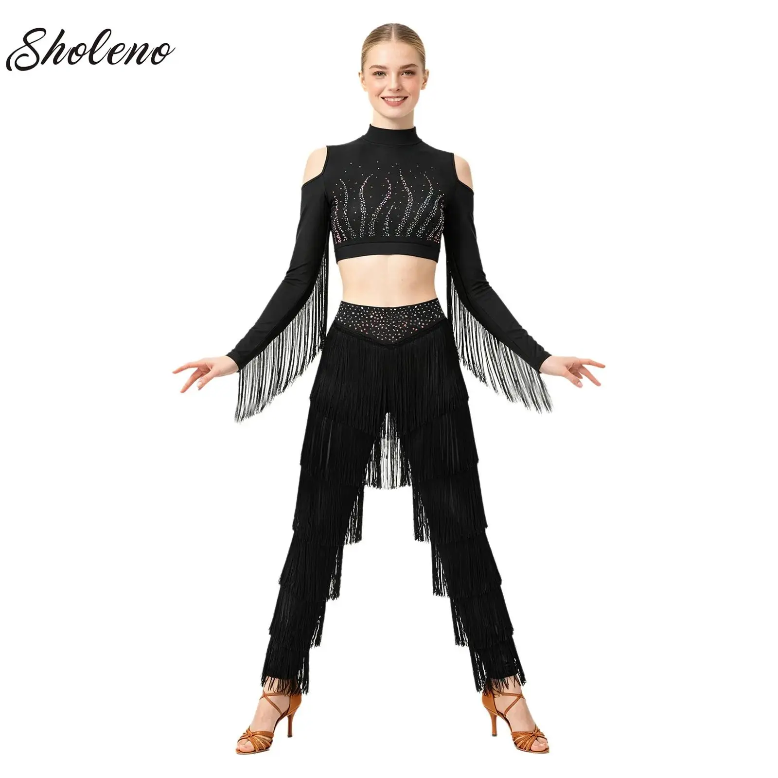 Women Gymnastics Latin Jazz Dance Performance Costume Long Sleeve Crop Top and Tiered Tassel Pants Rumba Tango Cha Cha Dancewear