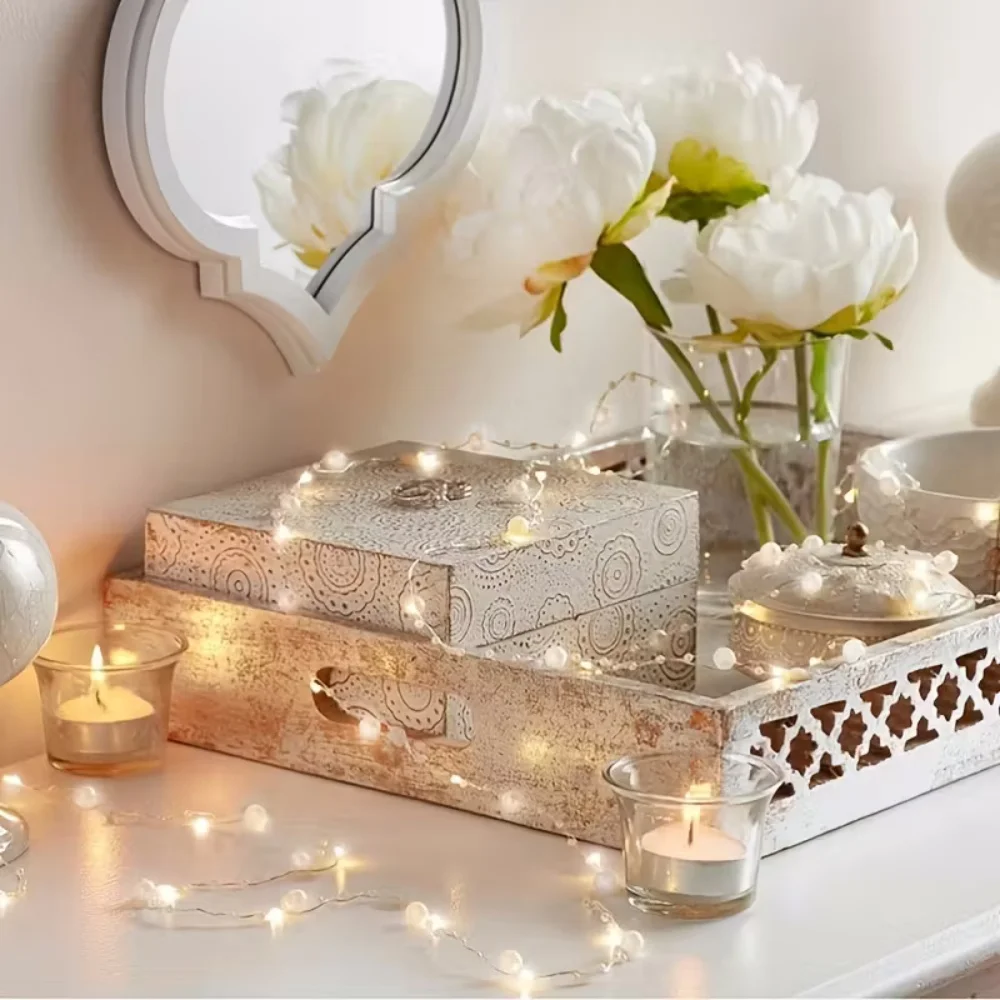 1PC 20/50LED Pearl Copper Wire Lights with Battery Box Twinkle Fairy Lamp for Home Room Festival Birthday Wedding Decor