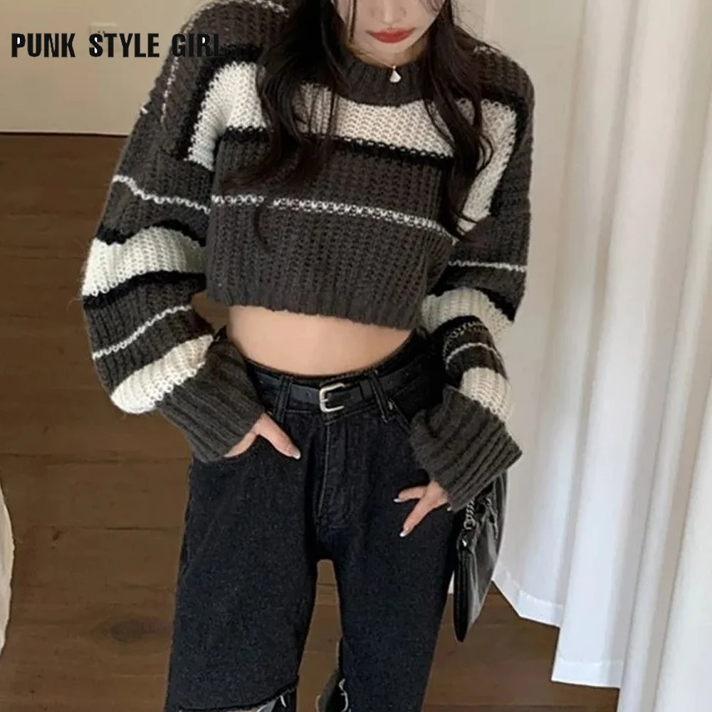 Kobiety Kpop Hippie Cropped Sweater Patchwork Harajuku Striped Streetwear Oversize Pullover Knitted Tops Korean Style Basic Jumper