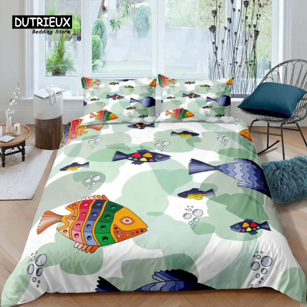 Juego de cama de lujo con diseño de loto y pez 3D para el hogar, funda nórdica con flores, funda de almohada, tamaño Queen y King, edredón tamaño UE/EE. UU./AU/Reino Unido