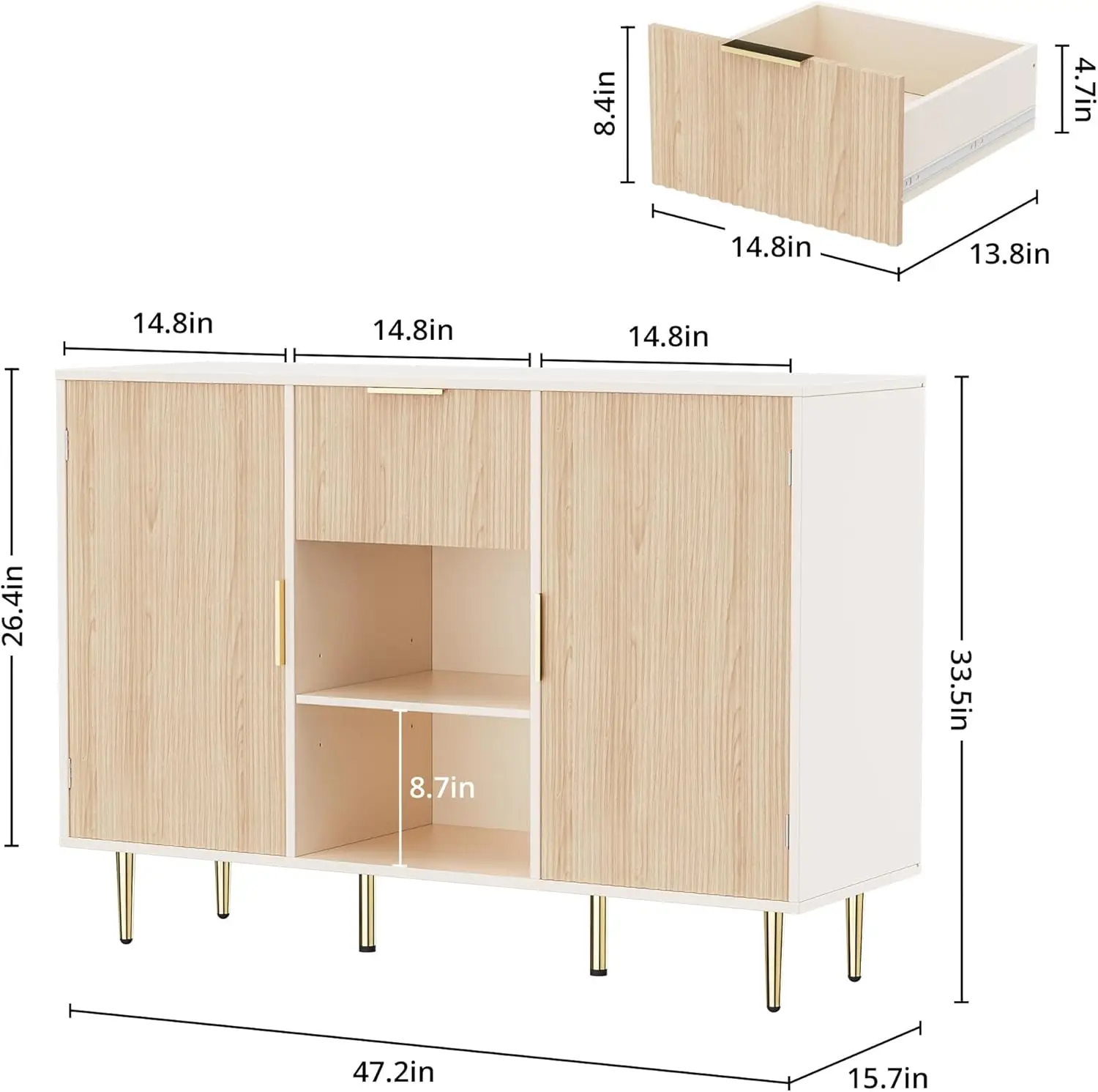 Sideboard Buffet Cabinet with 2 Doors & Drawer, Fluted Coffee Bar with Adjustable Shelves, Liquor Storage Accent Cabinet