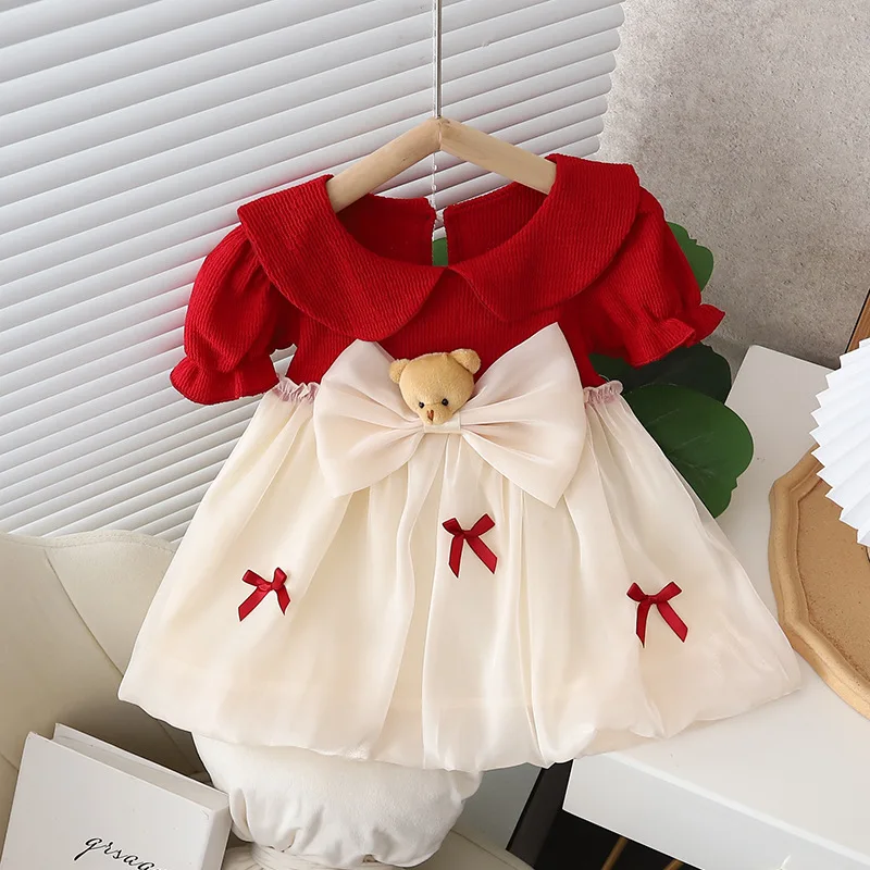 Summer Cute Girl Dress Baby Girl Collar Lace Bubble Sleeve Splicing Cartoon Bear Bow Mesh Princess Dress