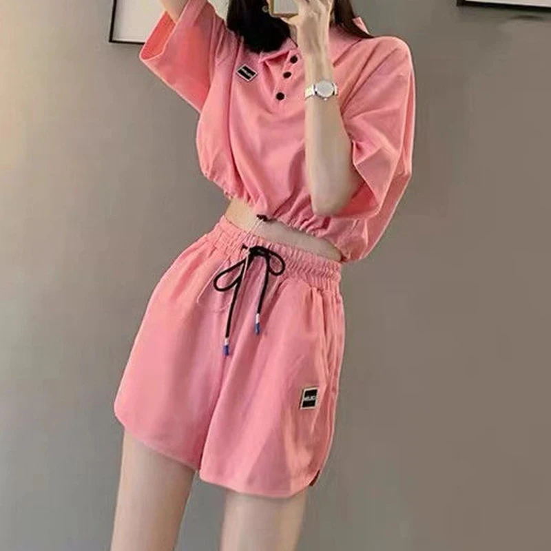 2 Piece Sets Women 2024 Summer Trendy Polo Collar Short Sleeve Sexy Crop Tops Y2K Female Solid Loose Sports Jogger Shorts Outfit