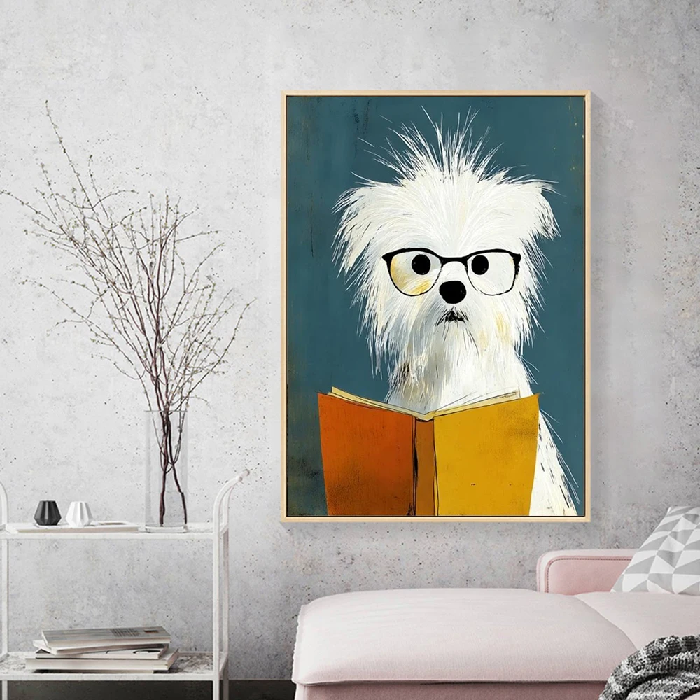 Vintage Hand Painted Animal Canvas Poster Print Glasses Reading Frog Duck Kitten Puppy Wall Art Living Room Classroom Decorative