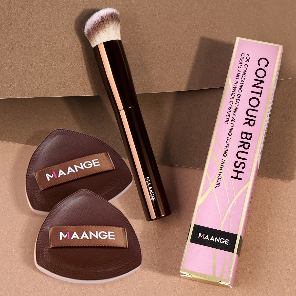 MAANGE Professional Angled Concealer Makeup Brush for Liquid Cream Cosmetics Blending with 2pcs Air Cushion Puffs Accessories