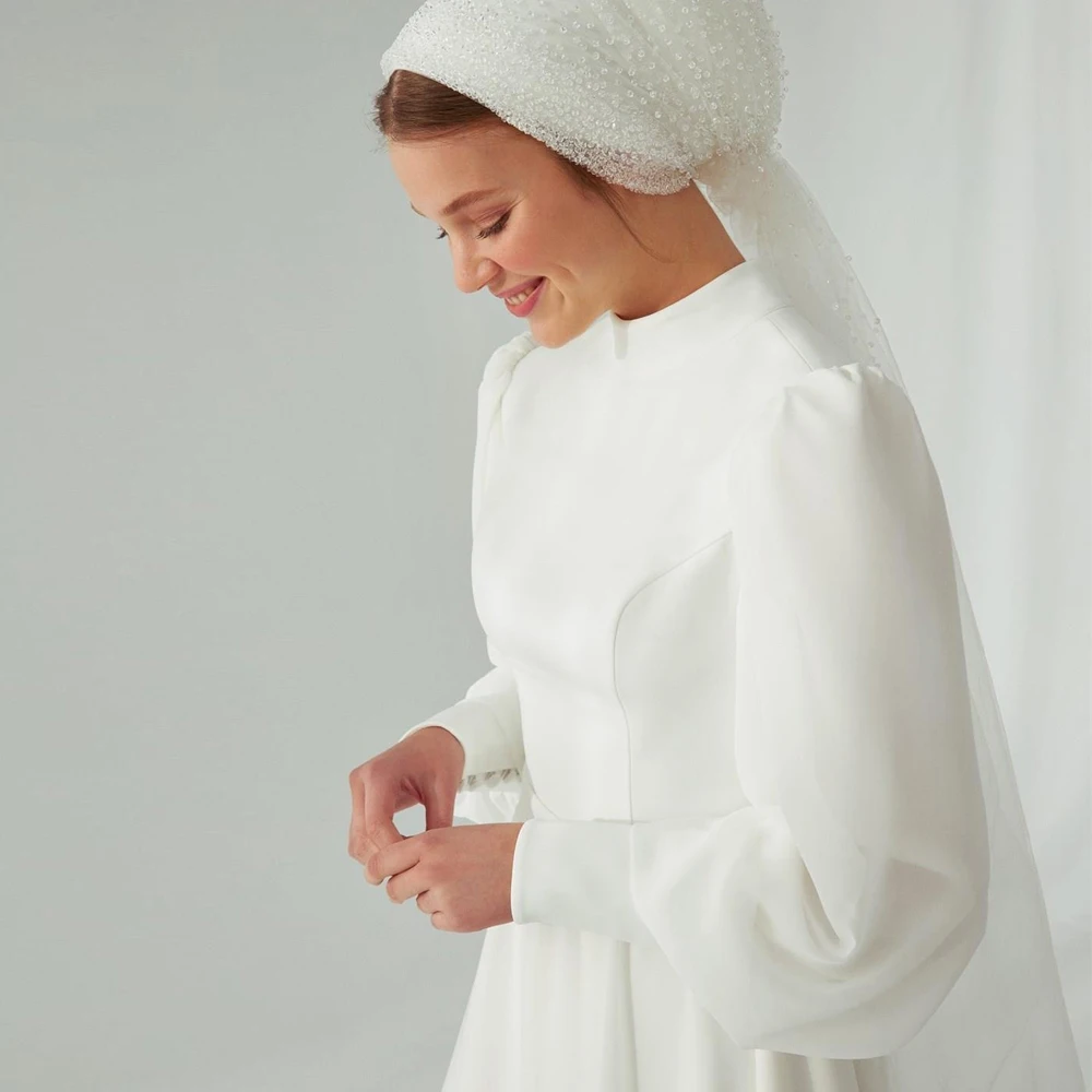 YCJ Gaun Pengantin Lengan Puff Muslim A Line Kerah Tinggi Gaun Pengantin Ritsleting Tulle Disesuaikan Pesta Pernikahan Vestido De Novia