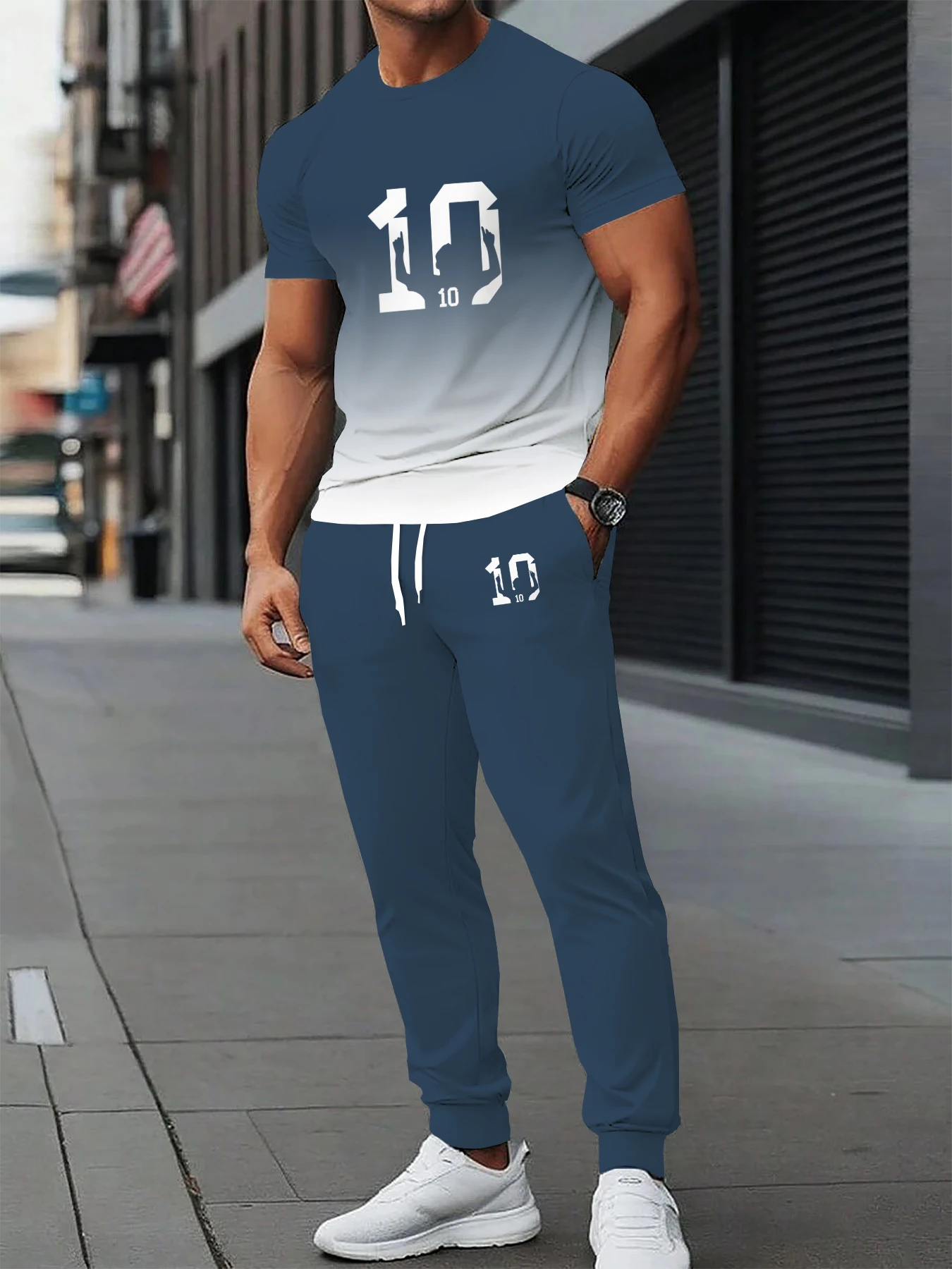 

Summer Men's Set Polyester Sports and Leisure Round Neck with Micro Elastic Knitted Short Sleeve T-shirt and Pants 2-piece Set