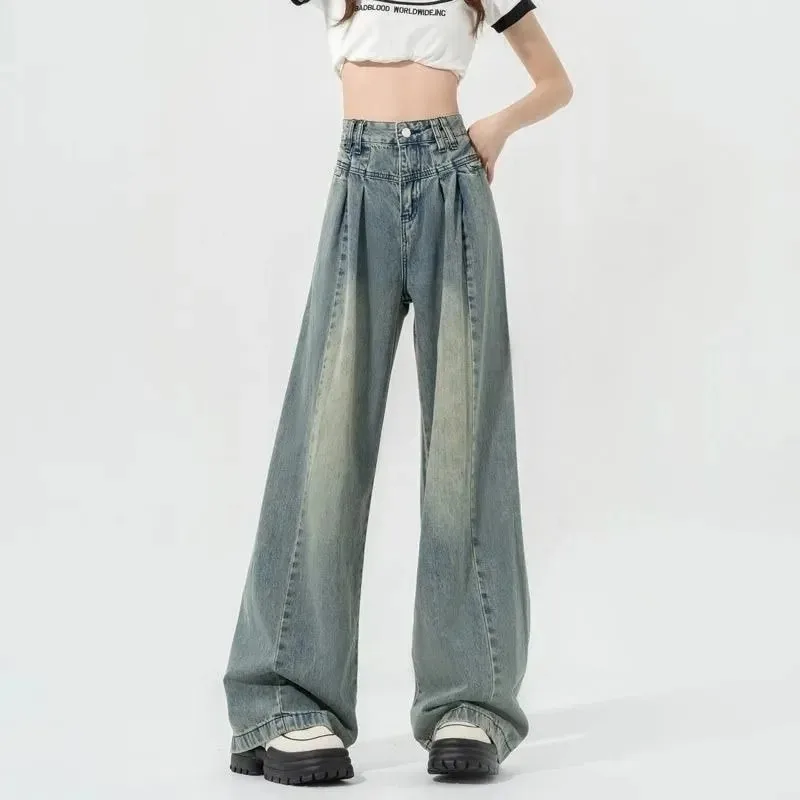 2024 New Spring Autumn Women's Trousers Korean Pleated Wide Leg Pants Casual Design High Waist Pantalones Vintage Baggy Jeans