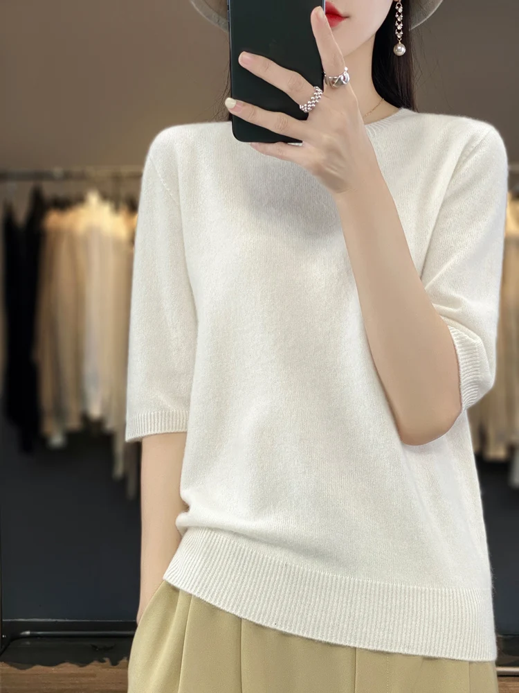 2024 New Spring Summer Women Sweater Short Sleeve O-Neck Pullover 100% Merino Wool Pure Color Knitted Jumper Female Clothing