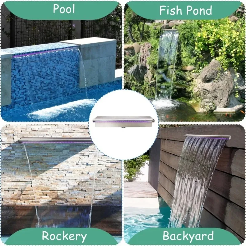 Pool-Wasserfall-Spülbahn, Teichwasserfälle aus Edelstahl mit mehrfarbigem LED-Licht, Außenpoolbrunnen für Garten, Terrasse