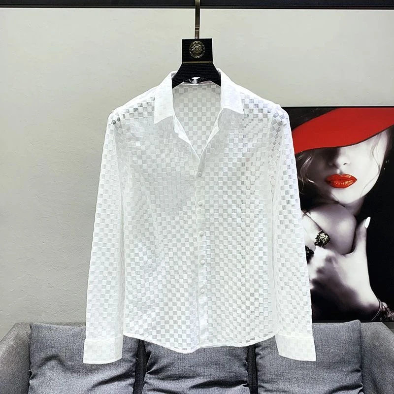 Men's Mesh Hollow Out Slim Fit Shirt Long Sleeve See Through Top Spring Fashion Casual Streetwear Blouse