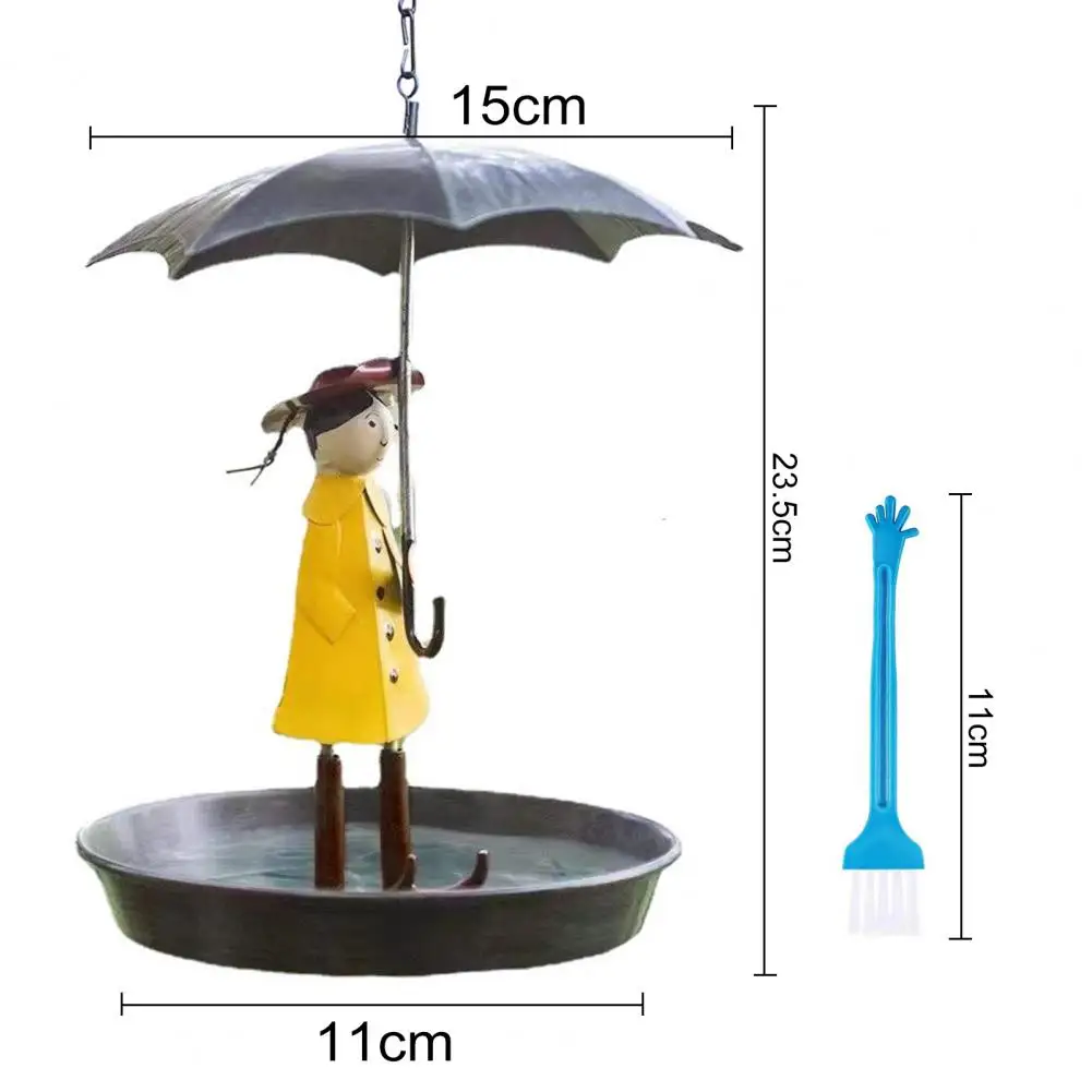 Hanging Bird Feeder Set with Metal Chain Umbrella Girl Design Metal Bird Feeders Feeder with Brush for Outdoor Garden Decor