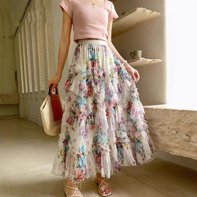 Vintage Flower Printed Irregular Long Skirt Women Elegant Style Ruffles A-line Tulle Skirts 2026 Summer French Style Maxi Skirts