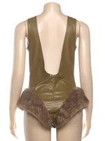 Kliou Faux Leather Skinny Bodysuits Woman Low-Neck Backless Sleeveless Furry Patchwork Hem Hot Girls High Street Style Bodycon - Image 5