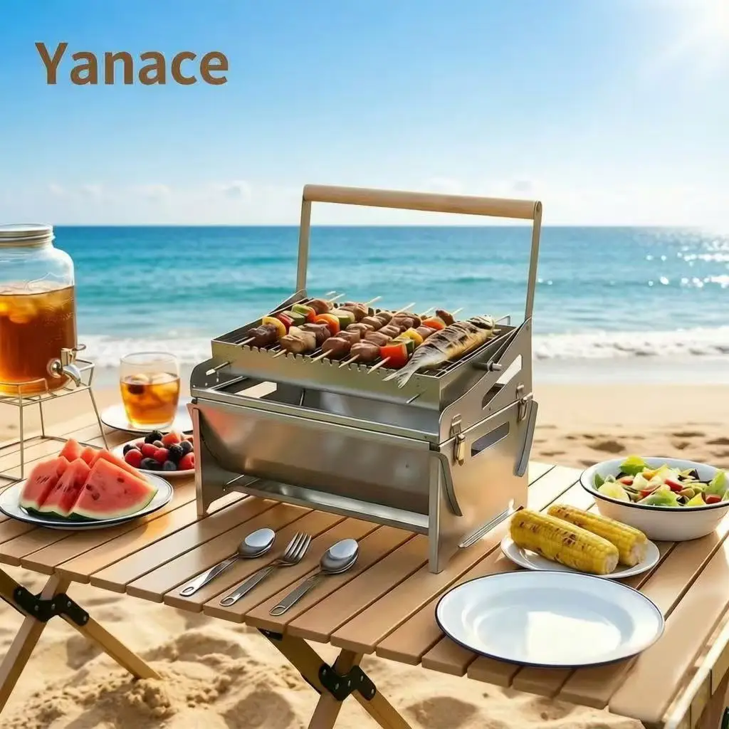 

Yanace Portable Flip BBQ Grill Stainless Steel Outdoor Camping Charcoal Barbecue Detachable Design for Beach Picnic Travel