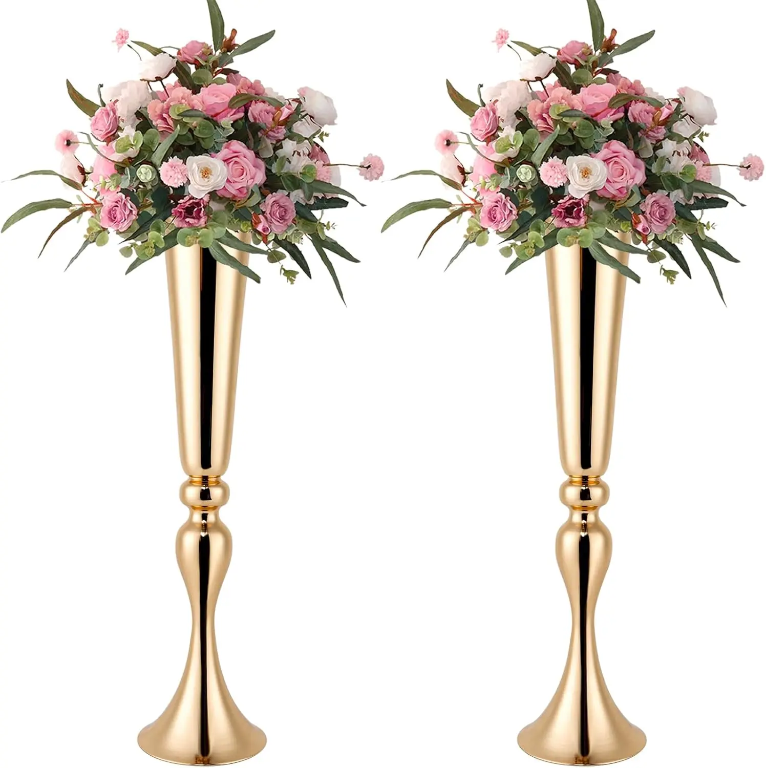 

Gold Vase For Wedding Centerpiece, 2Pcs Metal Trumpet Vase 22"" Tall Flower Stand For Wedding Table Centerpiece Decoration