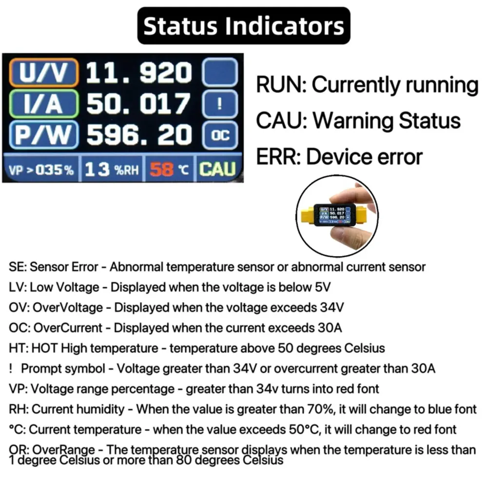 30A For XT60 Bidirectional Power Meter With 1.47 Inch Color Display For RC For Battery Voltage Current Temperature Humidity Moni