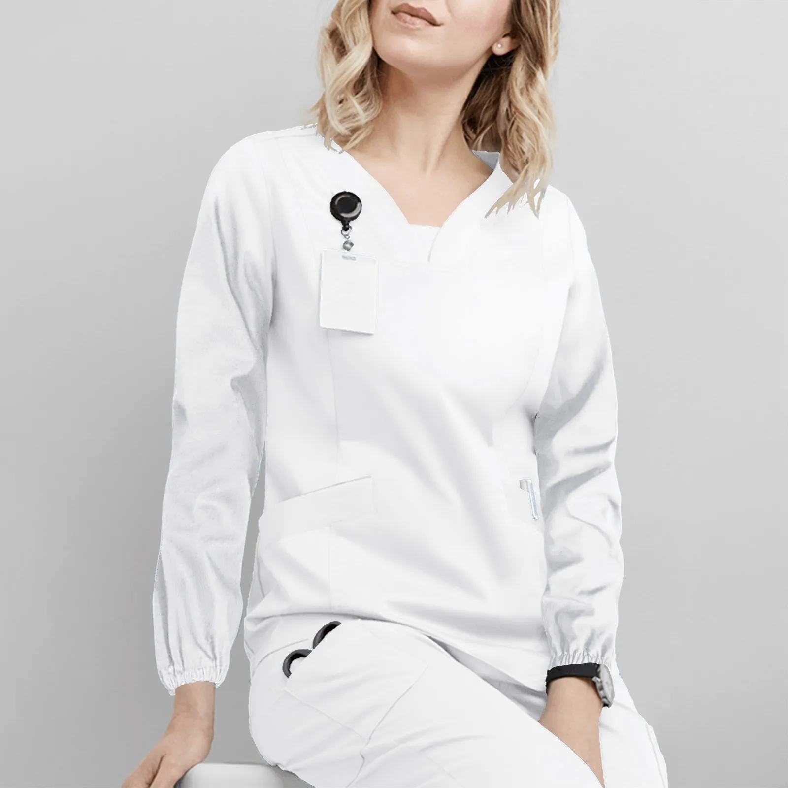 V-neck Workers Tops With Pocket Long Sleeve Solid Color Care Nurse Clothing Nurse And Surgeons Waterproof Isolation Clothing