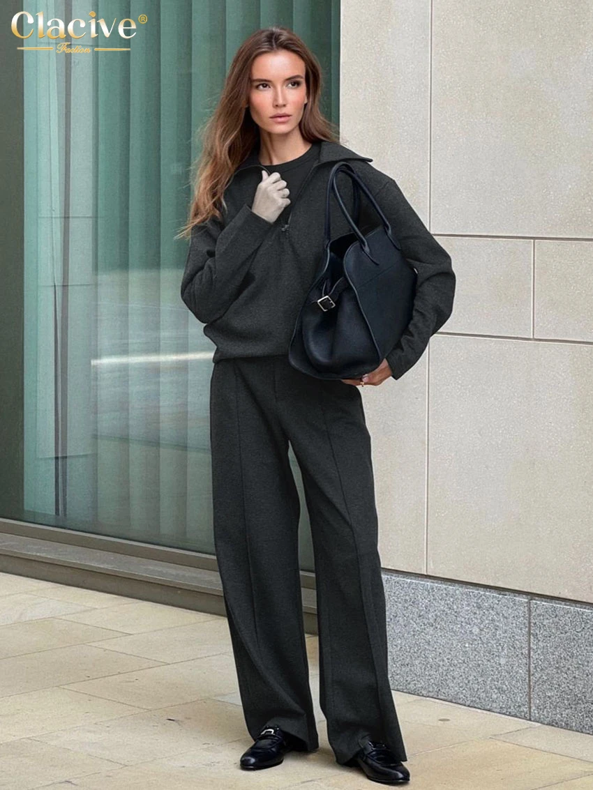 Clacive Fashion Loose Gray 2 Piece Sets Women Outfit 2025 Elegant Long Sleeve Shirt With High Waist Wide Pants Set Streetwear