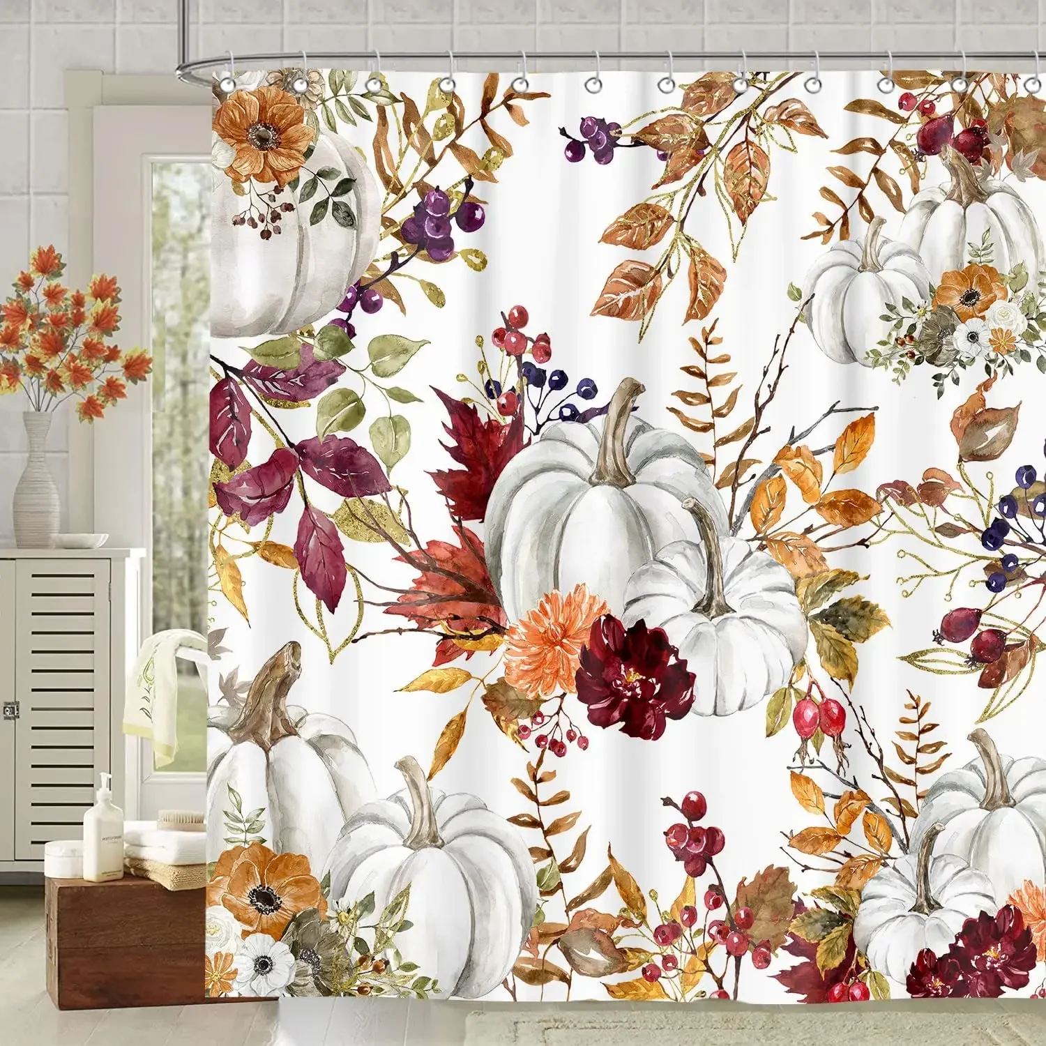 Fall Boho Shower Curtain Rustic Autumn Harvest Pumpkins Leaves Floral Shower Curtain Farmhouse Fall Thanksgiving Shower Curtains