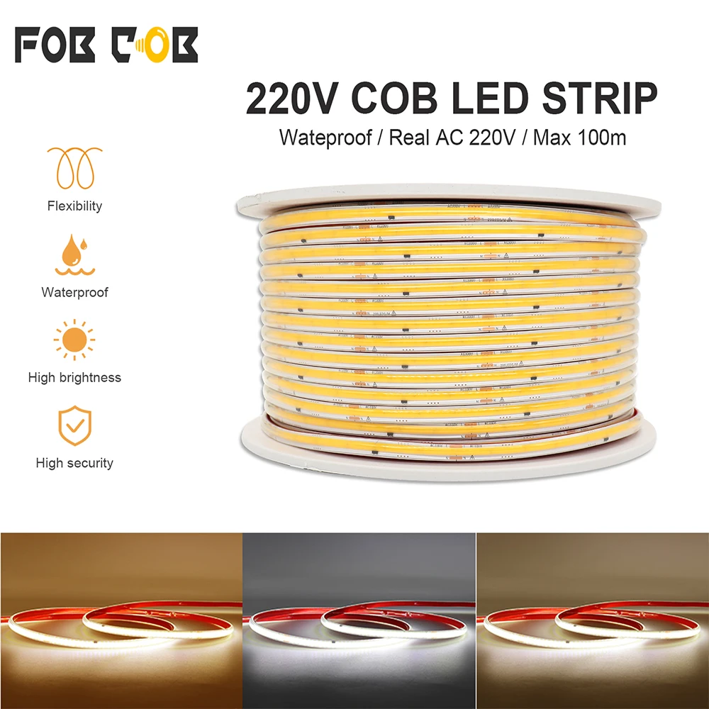 

1M-100M 220V COB LED Strip Light High Waterproof High Bright LED Strip LED Tape For Garden Kitchen Outdoor Lighting Strip Light