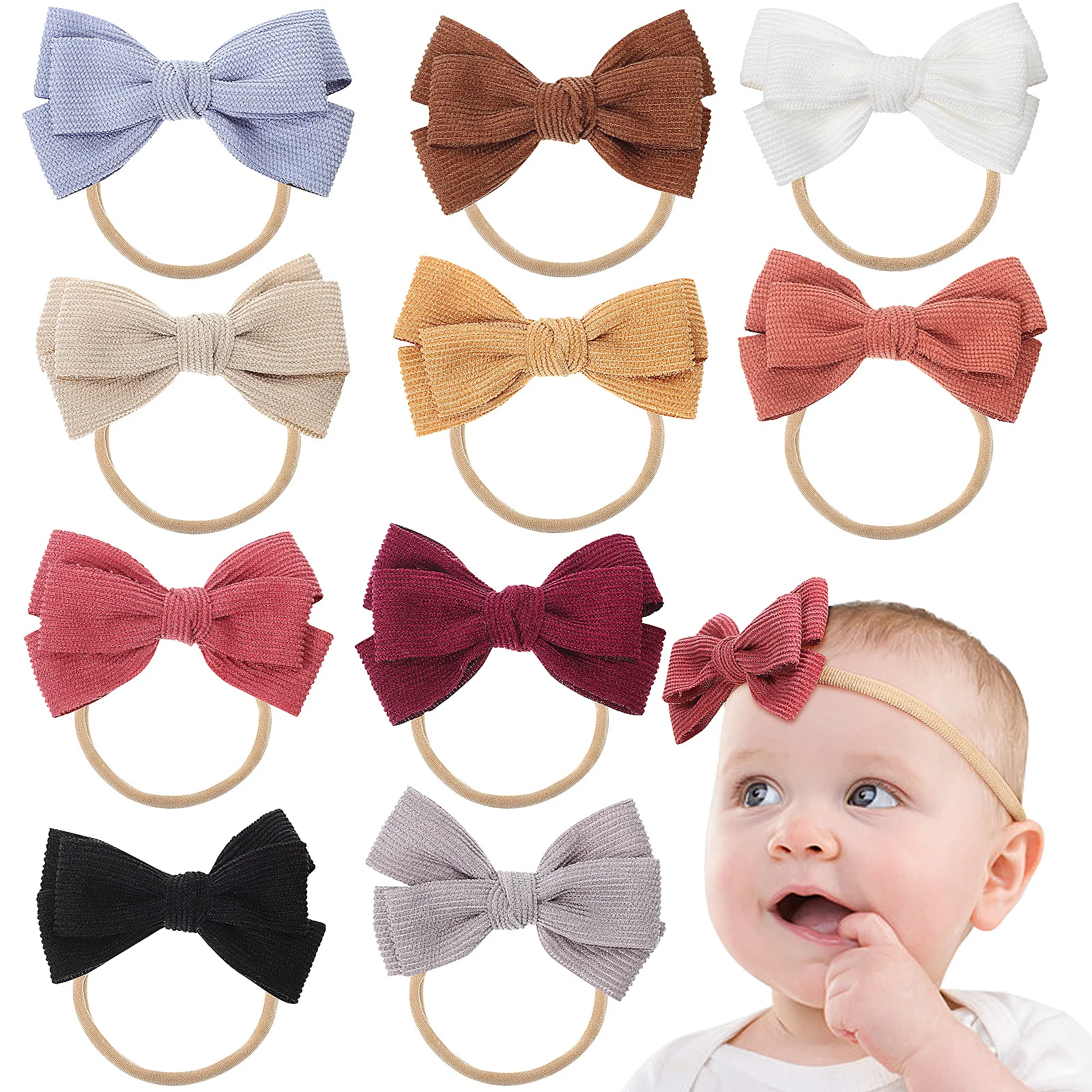 

10 pcs Headband Set Multiple Colors Nylon Elastic Fit For Newborn Girls Cute Hair Accessories Baby Girl Headbands Small Fall