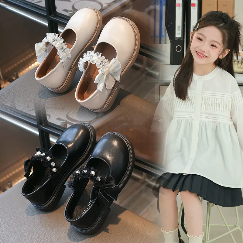 2026 Children's Leather Shoes PU Black School Girl Shoes Fashion Sweet Kids Princess Soft Bottom Mary Jane Shoes Side Bowknot