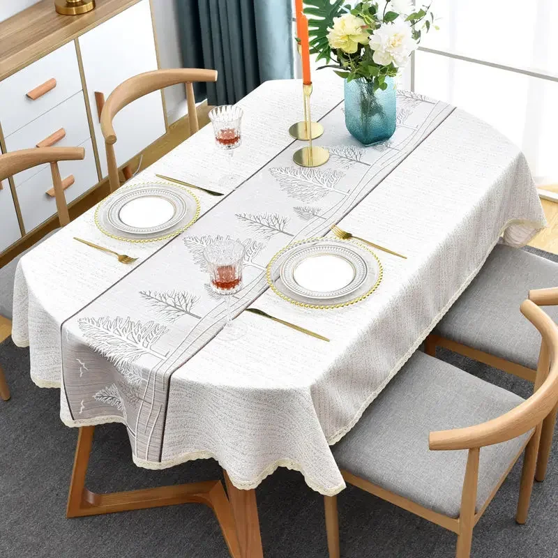 

Tablecloth Oval 185cm Tree Embroidered Farmhouse Linen with Lace Ellipse Table Cloth Classic Dinning Table Cover Cloth Elegant