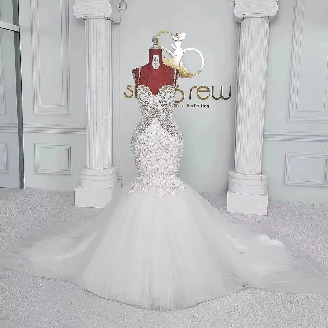 

Customize Elegant Lace Aso Ebi Wedding Dresses With Straps Mermaid Plus Size Bridal Trumpet Wedding Gowns Tulle Sexy Sweetheart