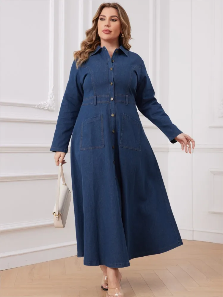 Plus Size Denim Autumn Winter Long Dress Women Ruffle Pleated Fashion Loose Ladies Dresses Long Sleeve Woman Shirts Dress 2023