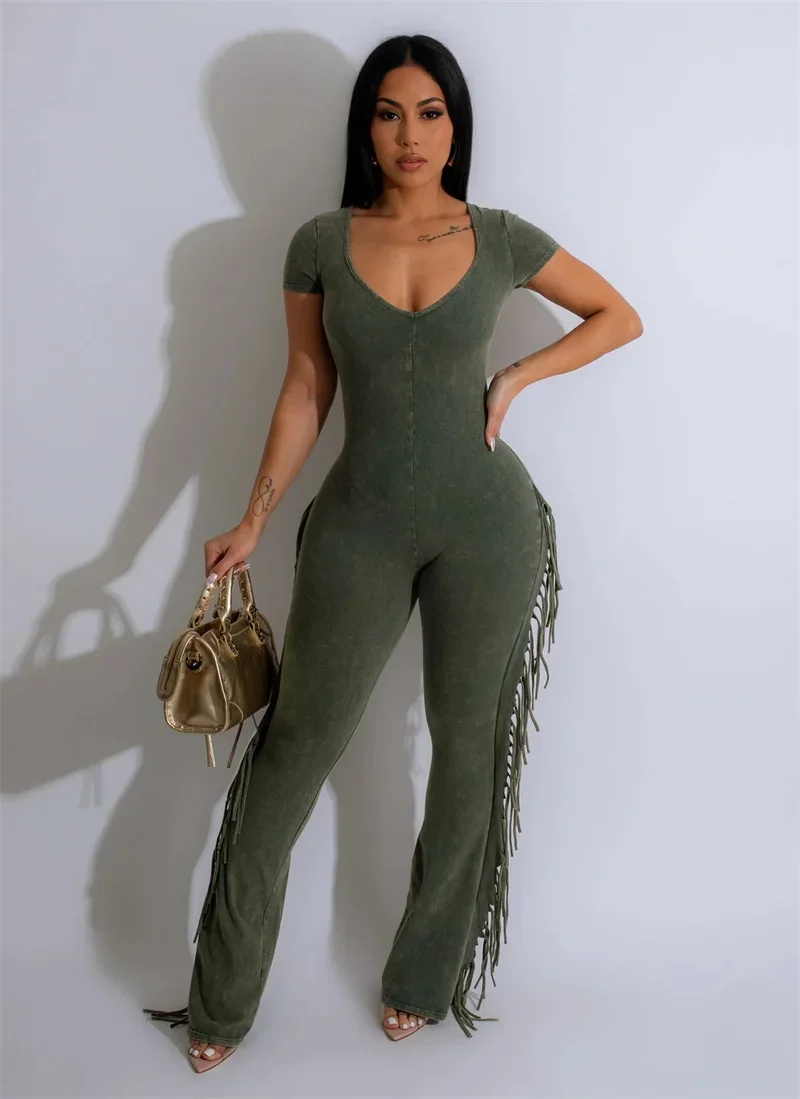 Casual Side Fringe Tassel One Piece Jumpsuit for Women Clothing V-neck Short Sleeve Skinny Flare Pants Rompers and Jumpsuits